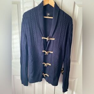 H&M Navy Blue Cable Knit Cotton Toggle Shawl Collar Fisherman Cardigan SZ L
